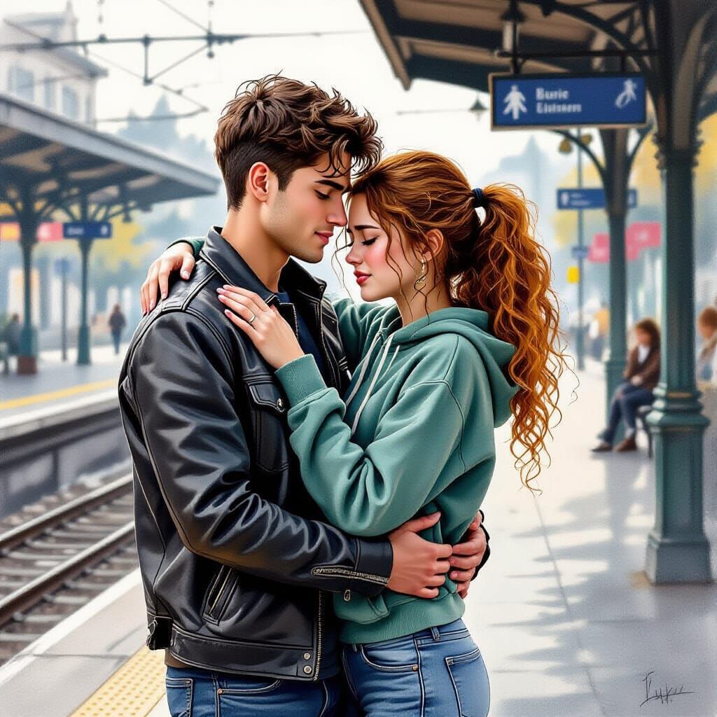 Couple's Farewell at Train Station: Charcoal Drawing