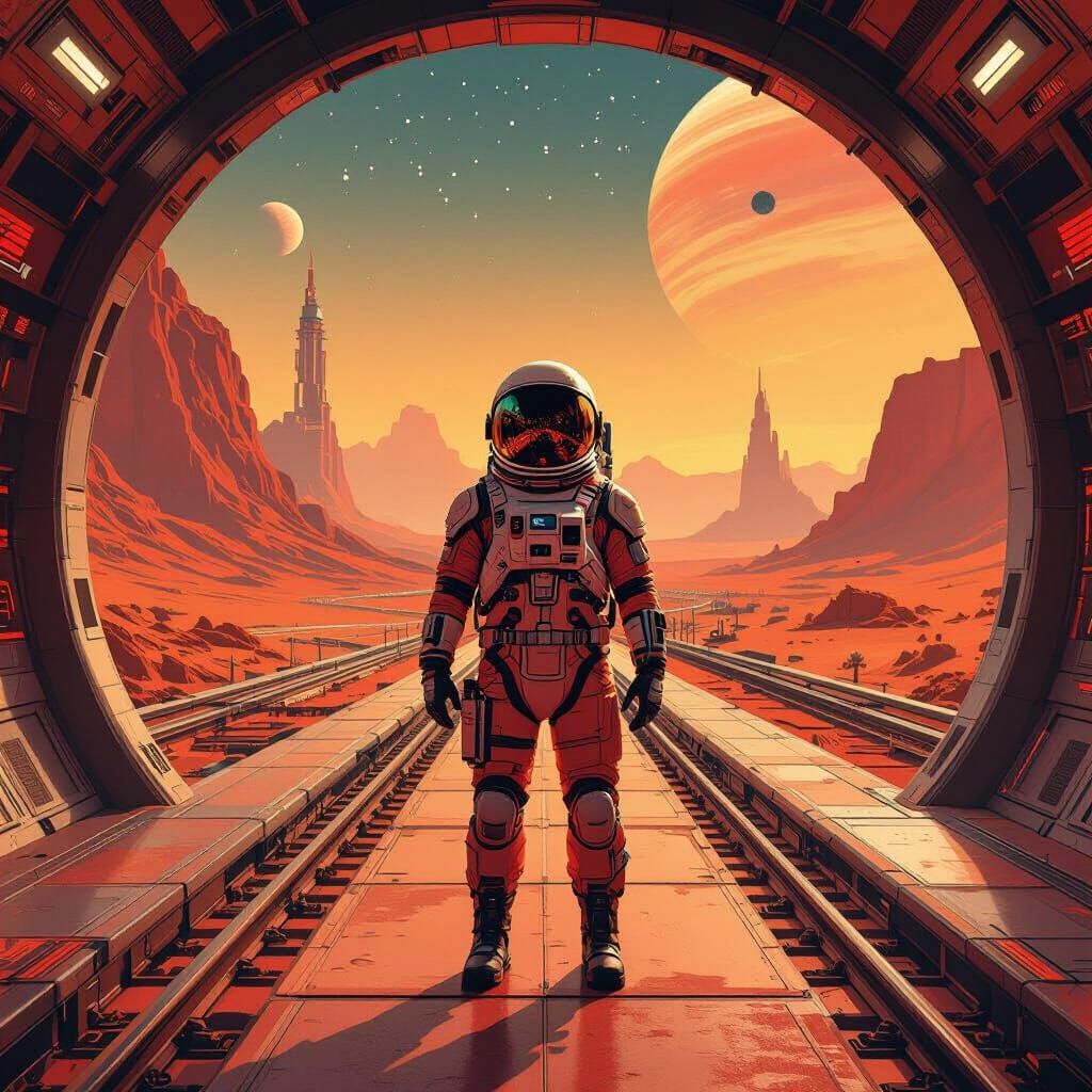 Futuristic Martian Rail Terminal in Cyberpunk Style