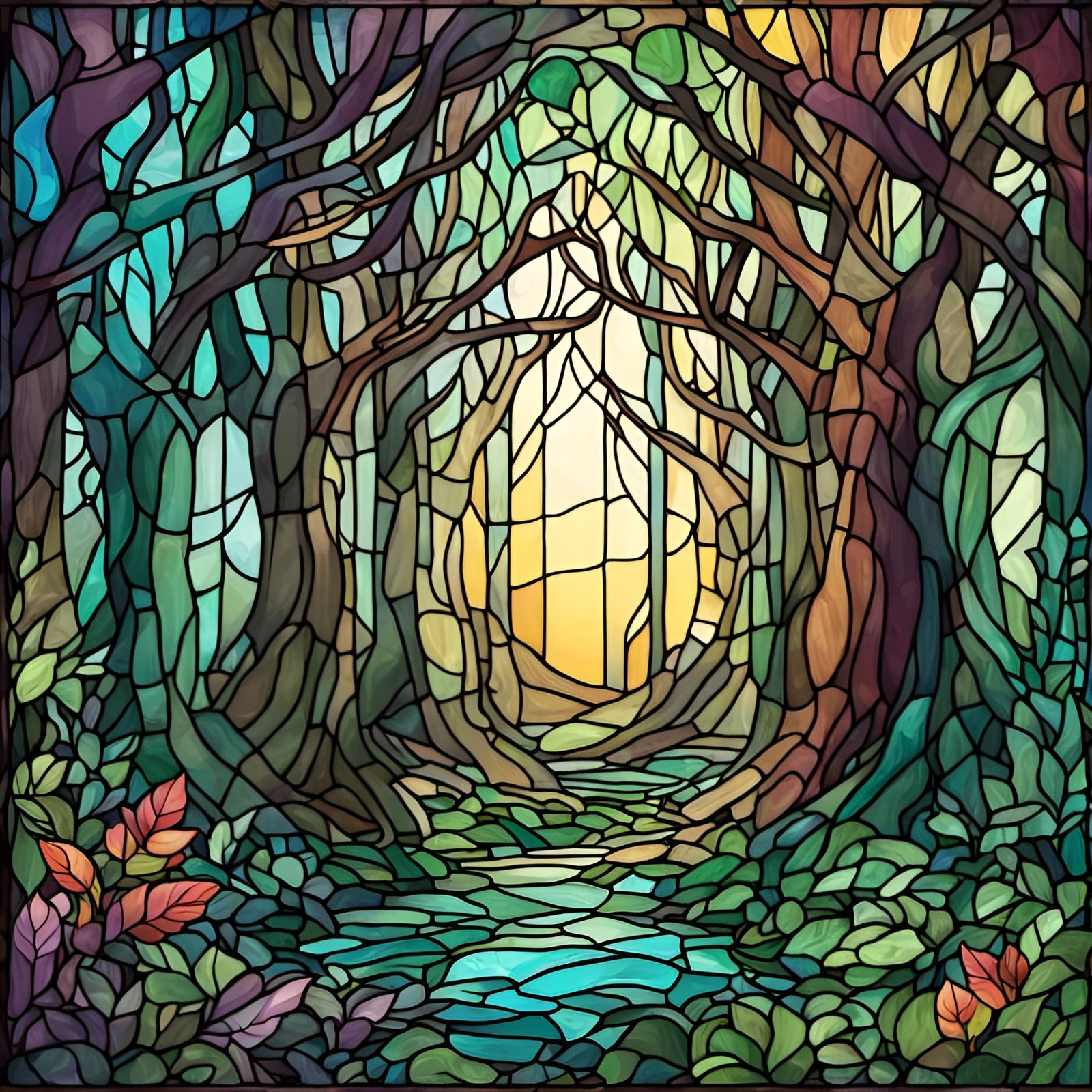 Fantasy Forest in Stained Glass Illustration