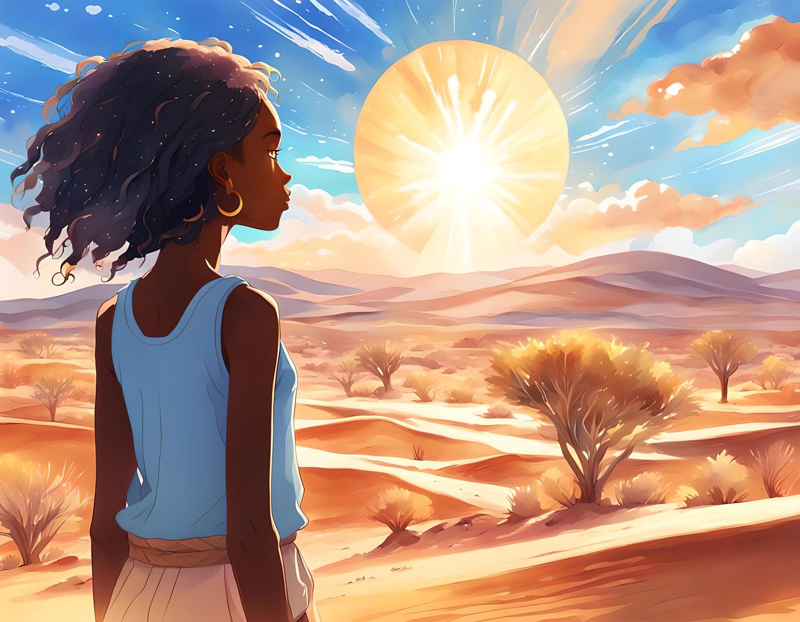 Anime Style: Black Girl Gazing at the Sun