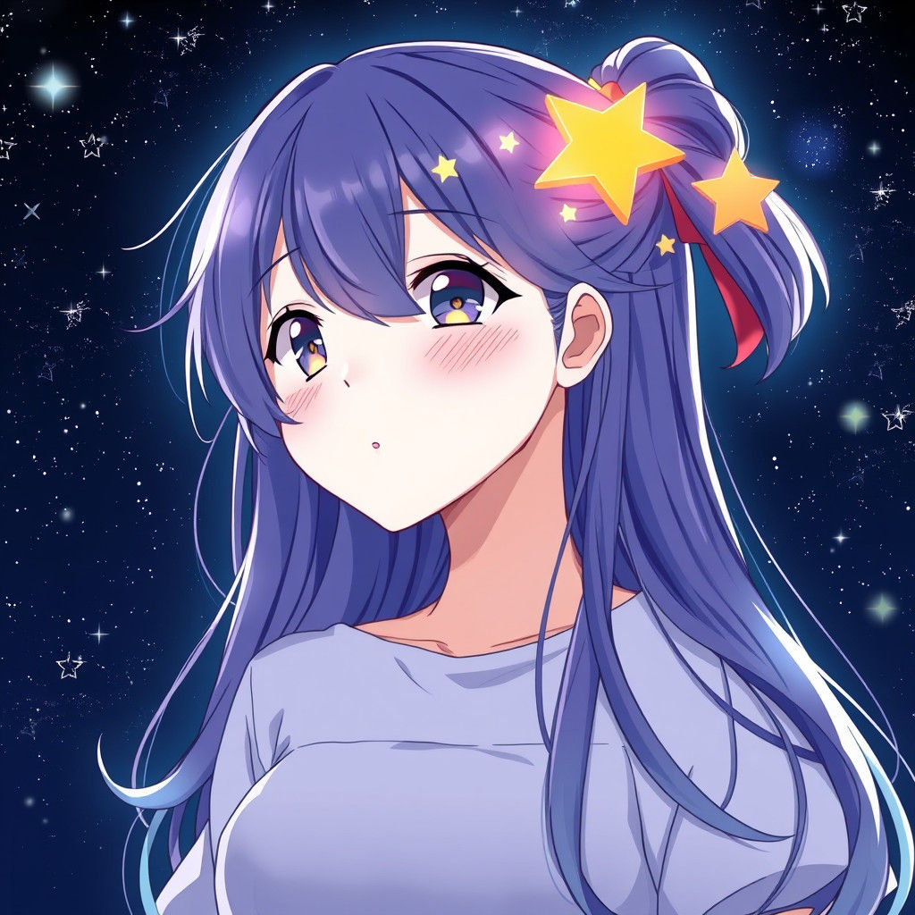 Anime Girl with Star Hair, Cel-Shaded Style