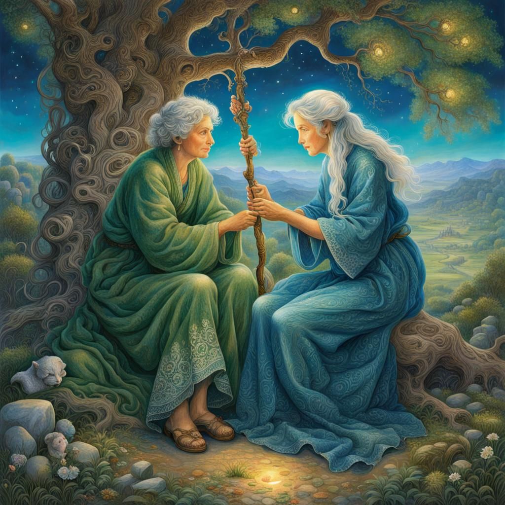 Woman and Girl Under Tree in Dreamy Style