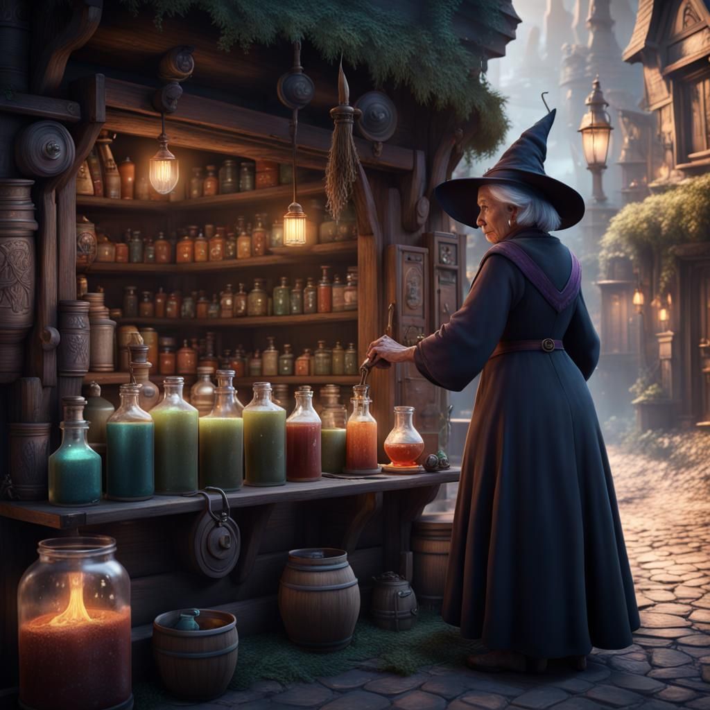 Elderly Witch Brewing Potion in Magical City