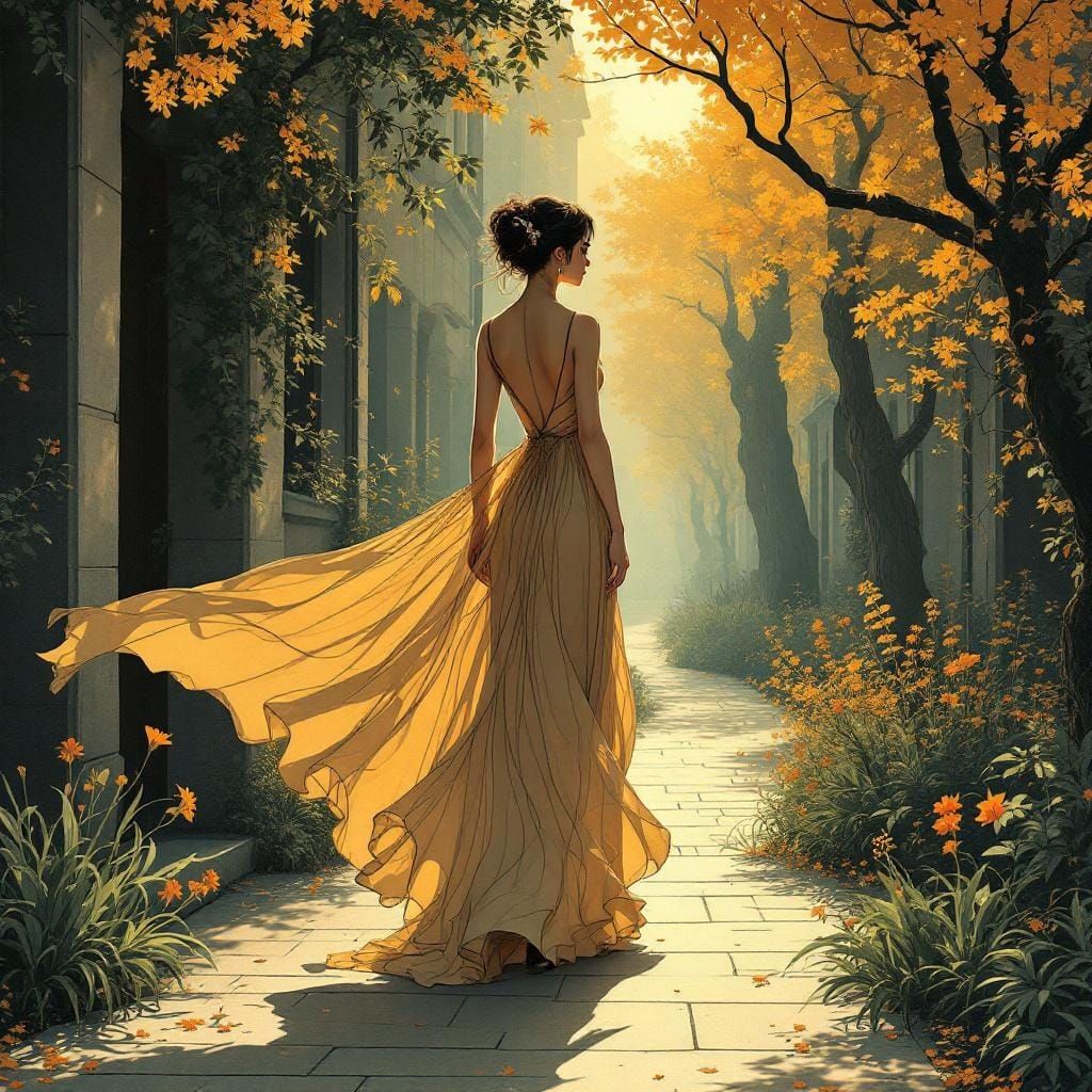 Elegant Woman in Gown: Beardsley and Dulac Style