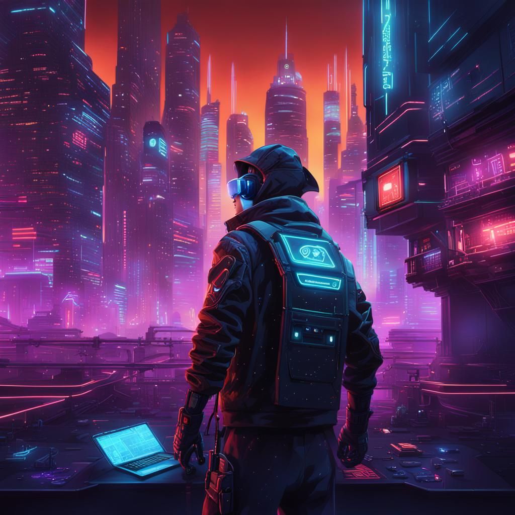 Cyberpunk Hacker Navigating Neon Cityscape as Matte Painting