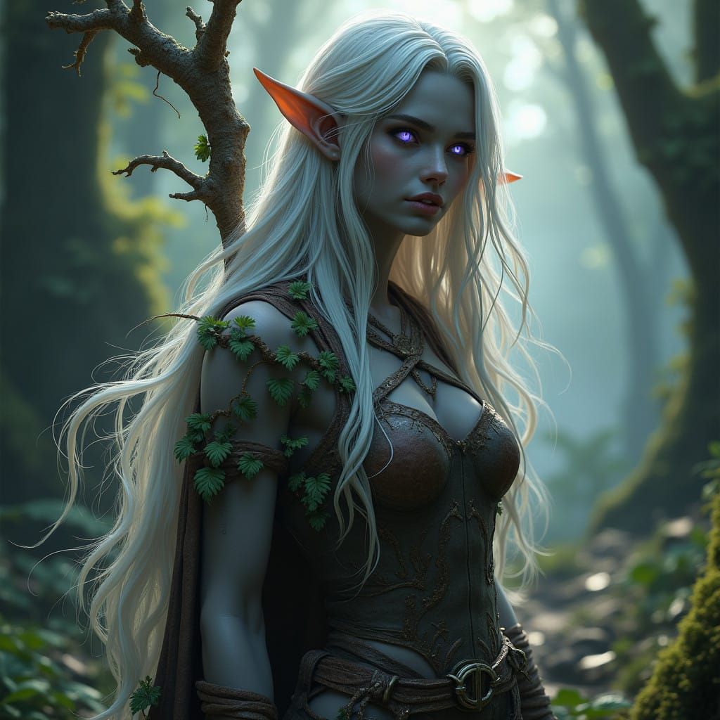 Mystical Elven Druid in Dark Grey and Platinum Blond Hues, w...