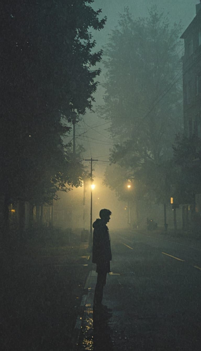 Lonely Silhouette Under Foggy Streetlamp, Surreal Atmosphere