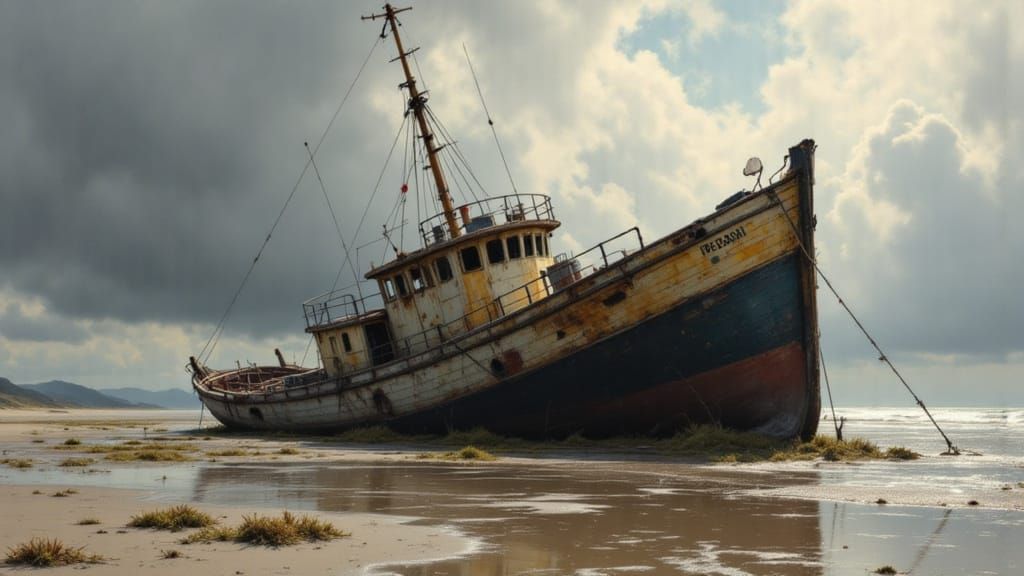 Abandoned Coastal Vessel in Melancholic Twilight