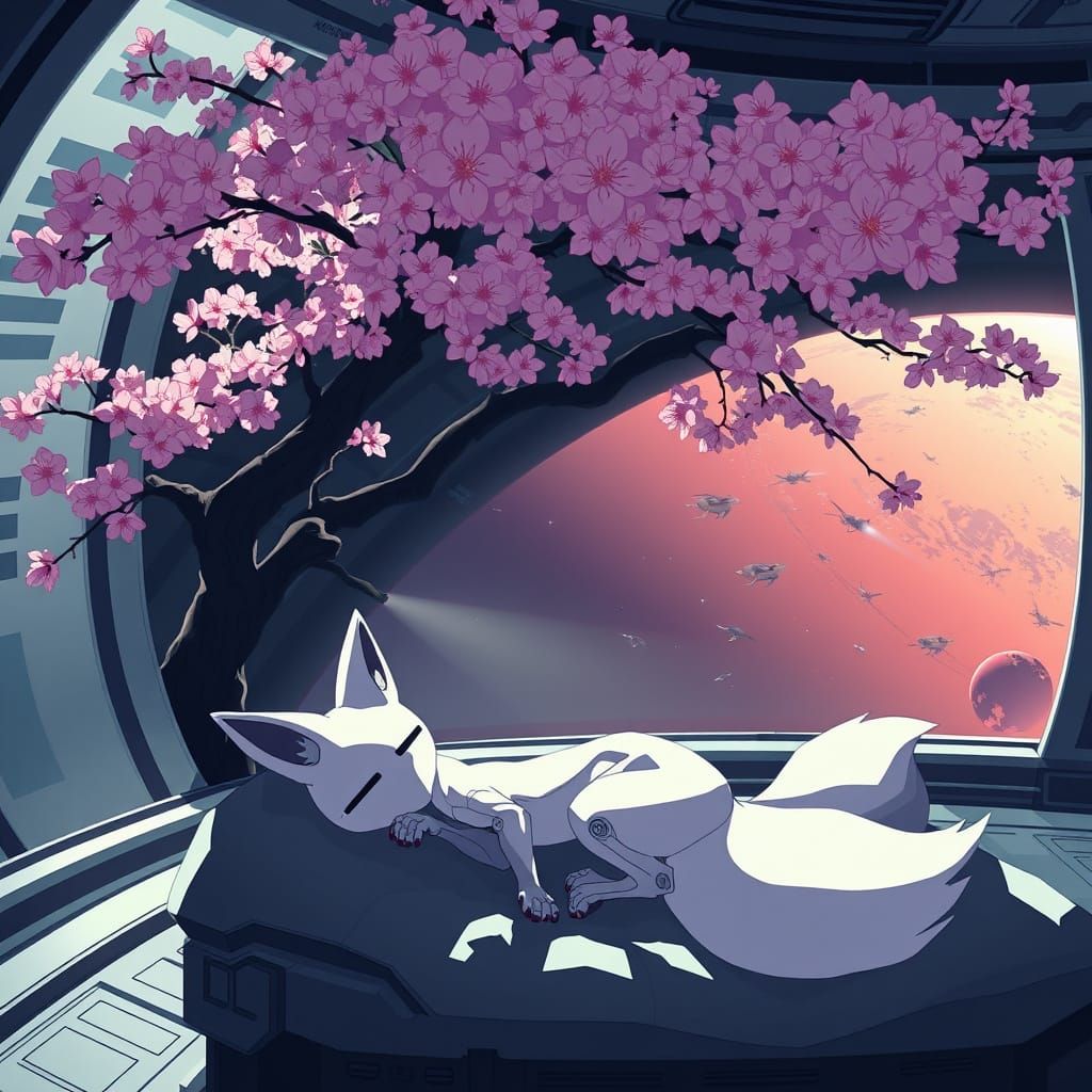 Android Foxgirl Dreaming in Space, Anime Cel-Shaded Style