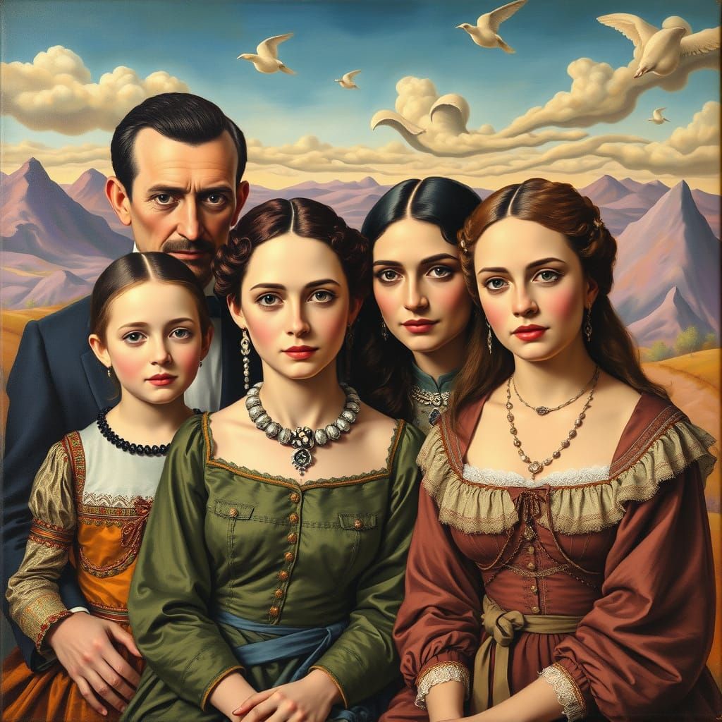 Pre-Raphaelite Family Portrait with Surrealist Dali Elements