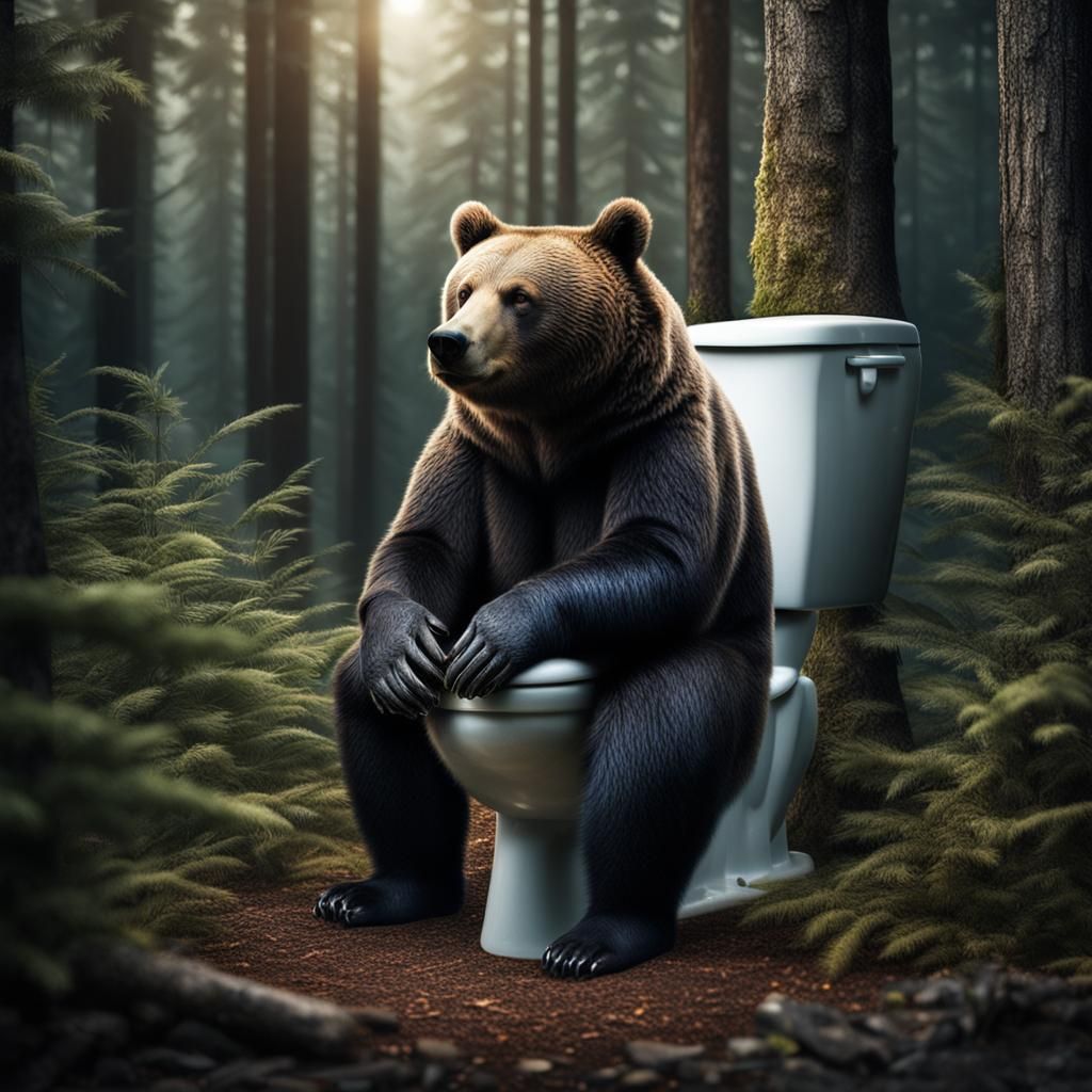 Bear on Toilet in Forest: Hyperrealistic Image