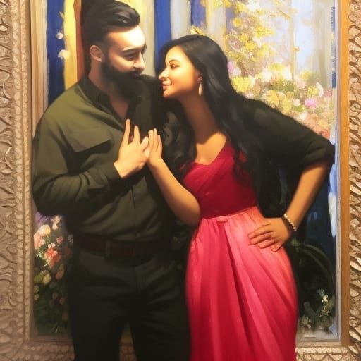 Romantic Couple Surrounded by Flowers in Oil Painting Style