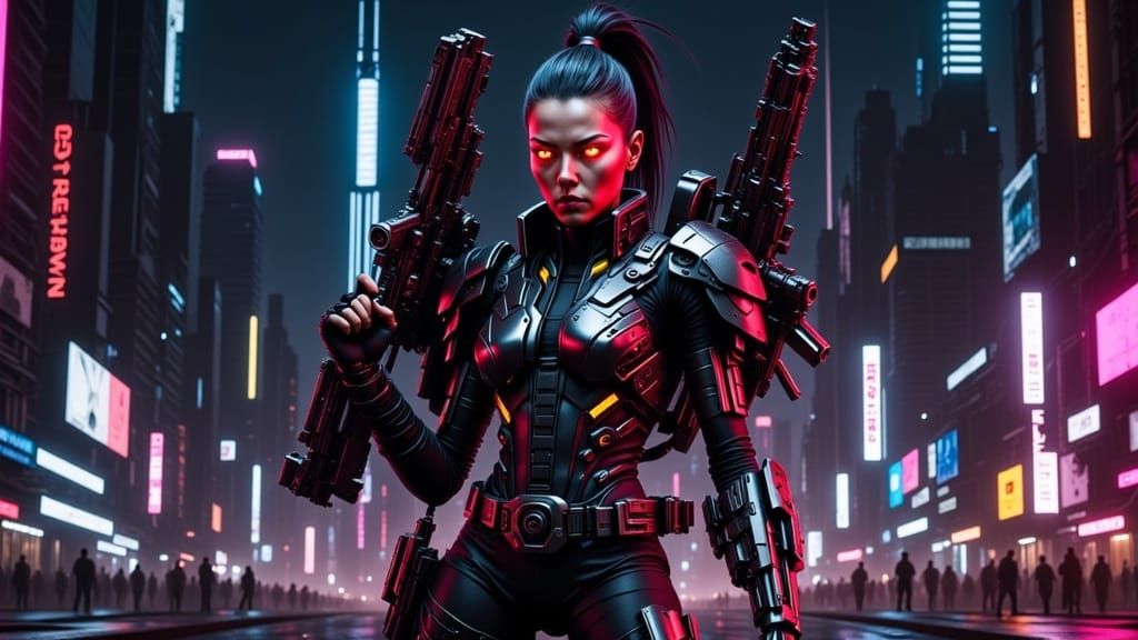 Cyborg Assassin with Guns in Cyberpunk Cityscape