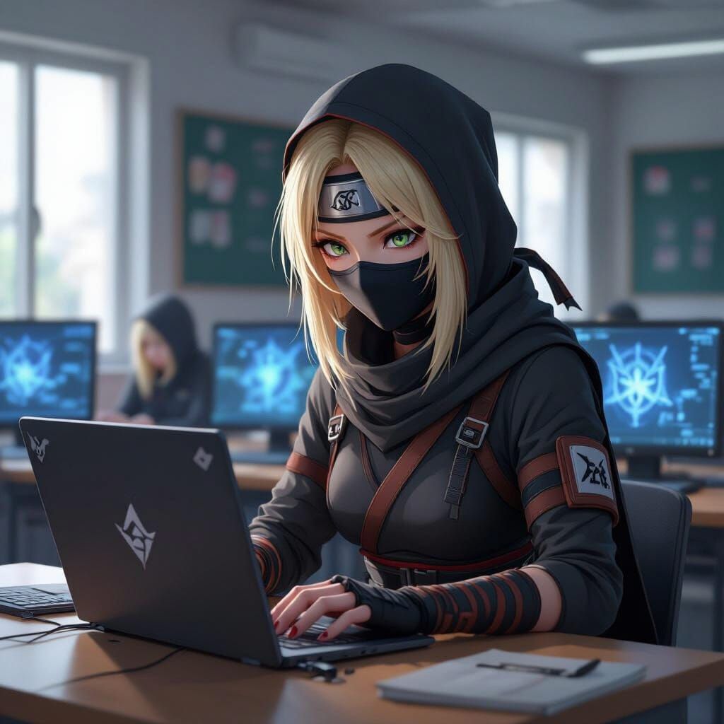 Anime Ninja Woman in Computer Classroom