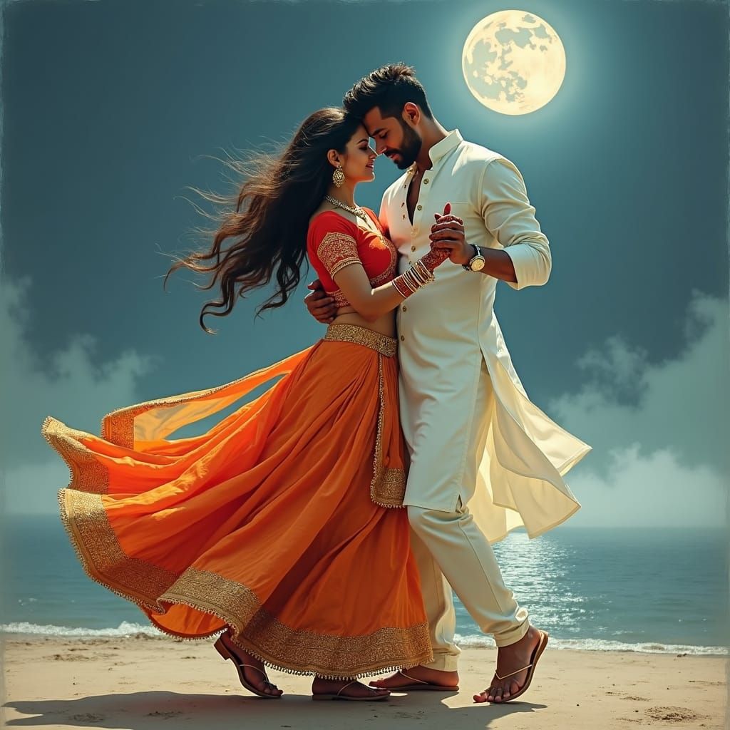Bollywood Dance Under Moonlight in Indian Art Style