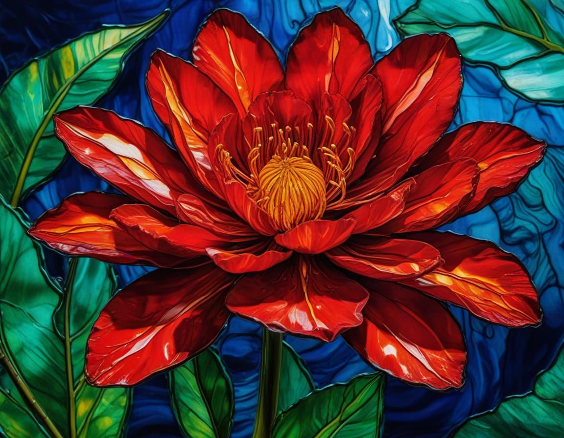 Scarlet Bloom on Rippling Waters in Vibrant Encaustic Style