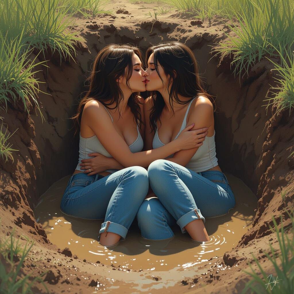 Women Kissing in Mud, Expressive Digital Art