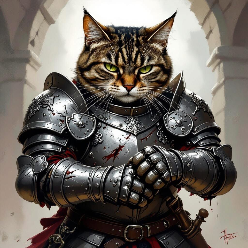 Battle-Ready Tabby Cat in Medieval Armor