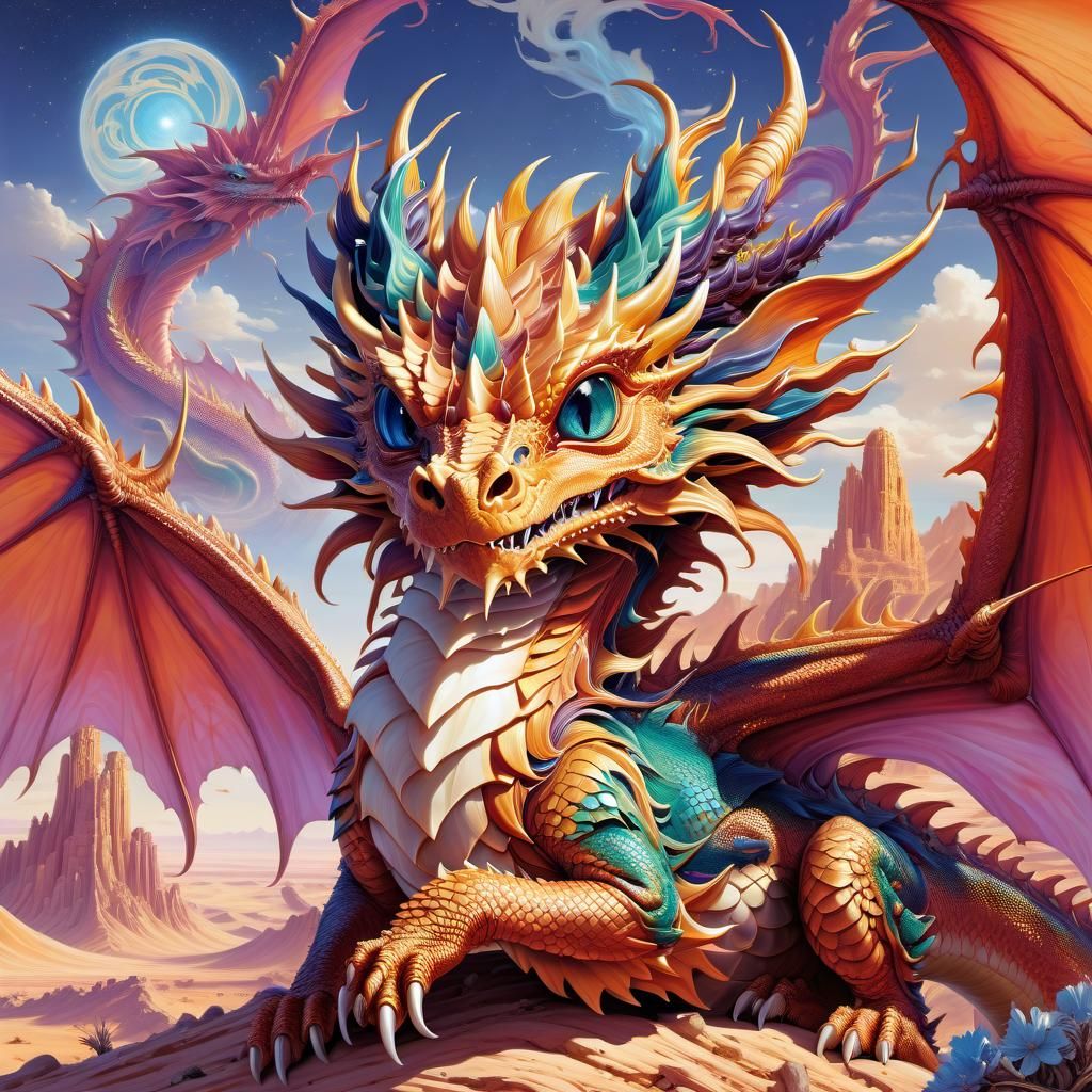 Anime Desert Guardian Dragon in Surreal Style