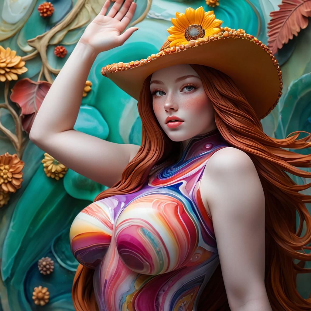 Nude Girl Emerges from Agate Vase with Sunflower