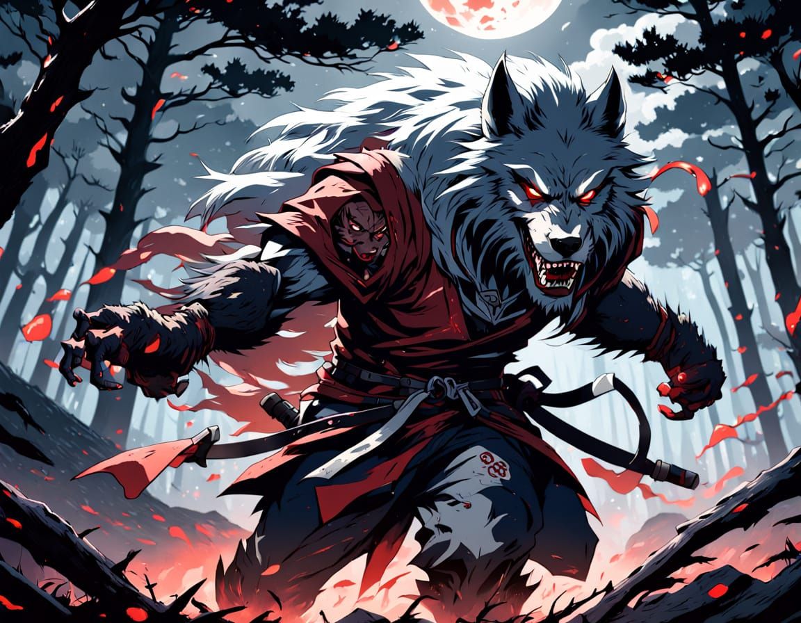 Epic Anime Fantasy: Fierce Heroine vs. Werewolf under Blood-...