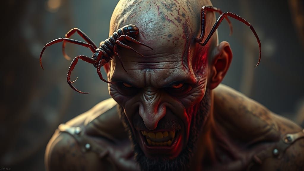 Grimacing Bald Man with Centipede: Dark Fantasy Art