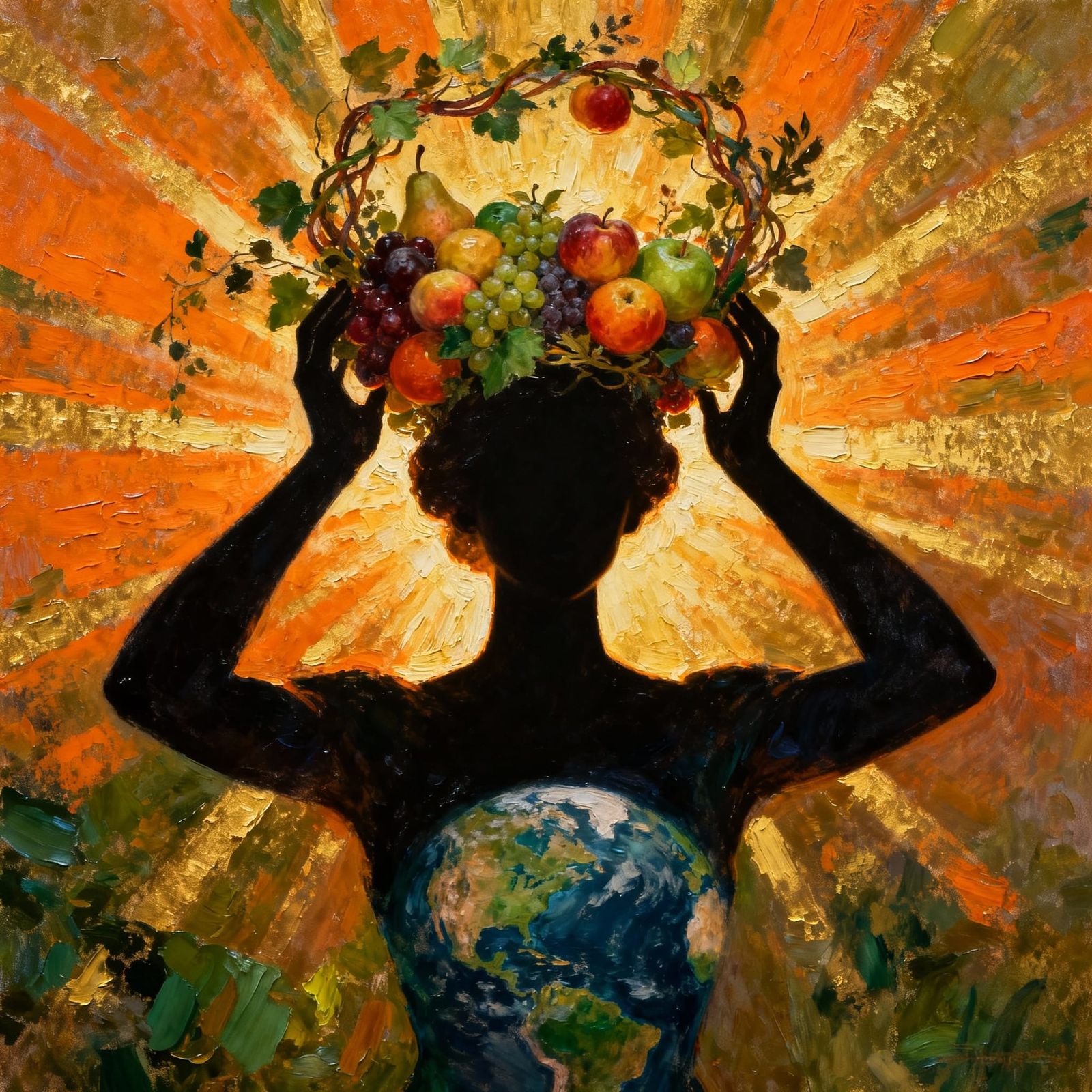 Earth Queen with Fruit Crown in Textured Oil Painting