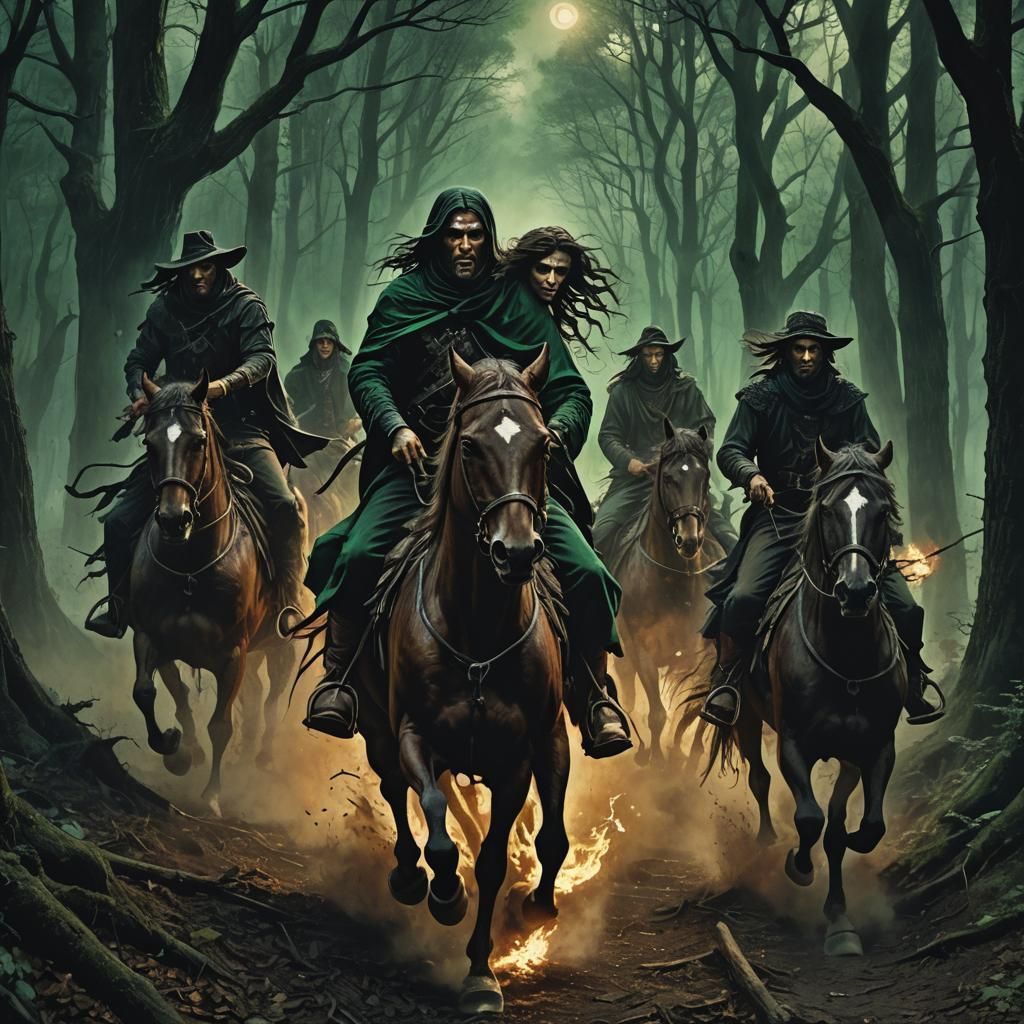 Four Horsemen in Dark Forest: Dark Fantasy Art