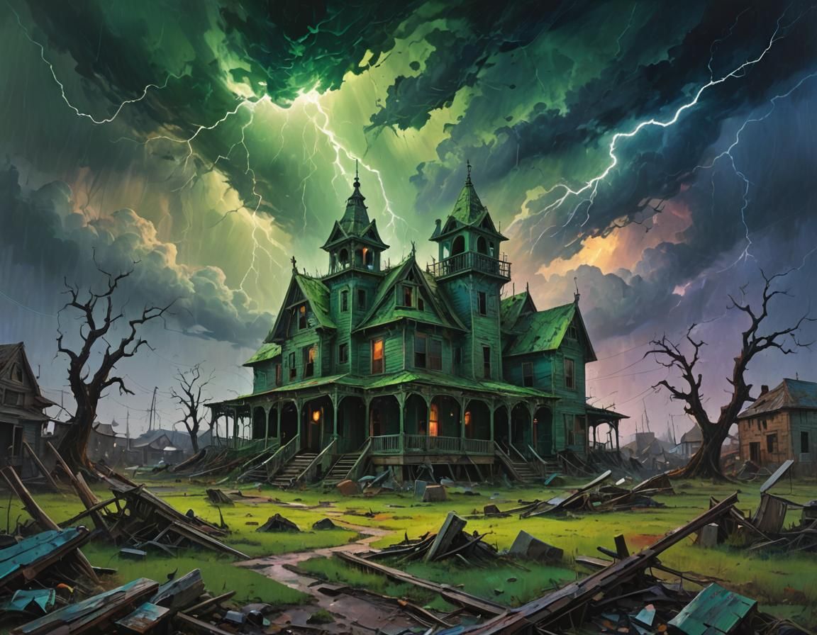 Apocalyptic Haunted House in Oil Painting Style