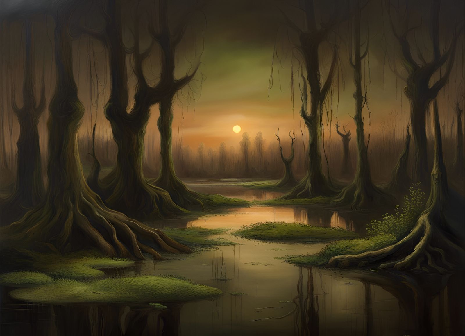 Twilight Bayou Marsh in Figurative Kitsch Style