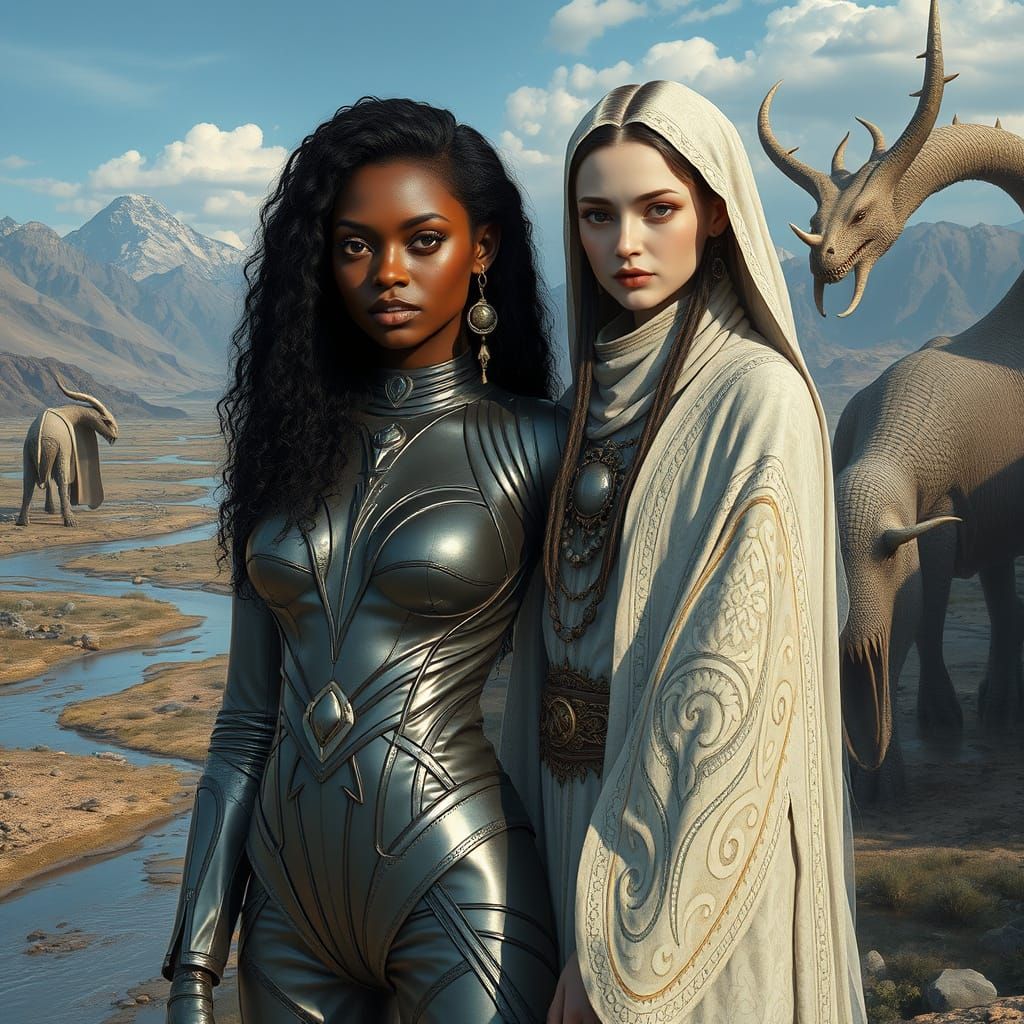 Fantastical Landscape with Women in Metallic Attire