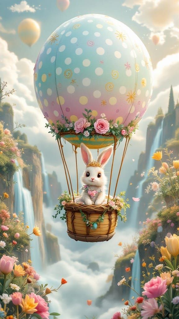 Whimsical Easter Bunny in a Colorful Easter Egg Balloon Soar...