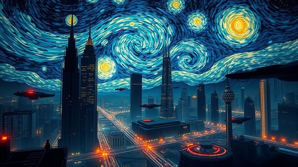 Cyberpunk Starry Night Reimagining in Neon Lights