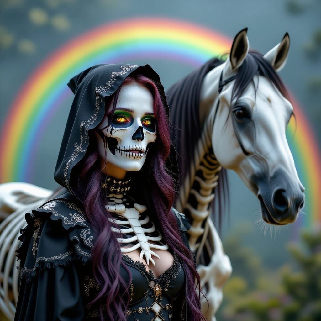 Gothic Rainbow Bright Macabre Woman with Skeletal Horse