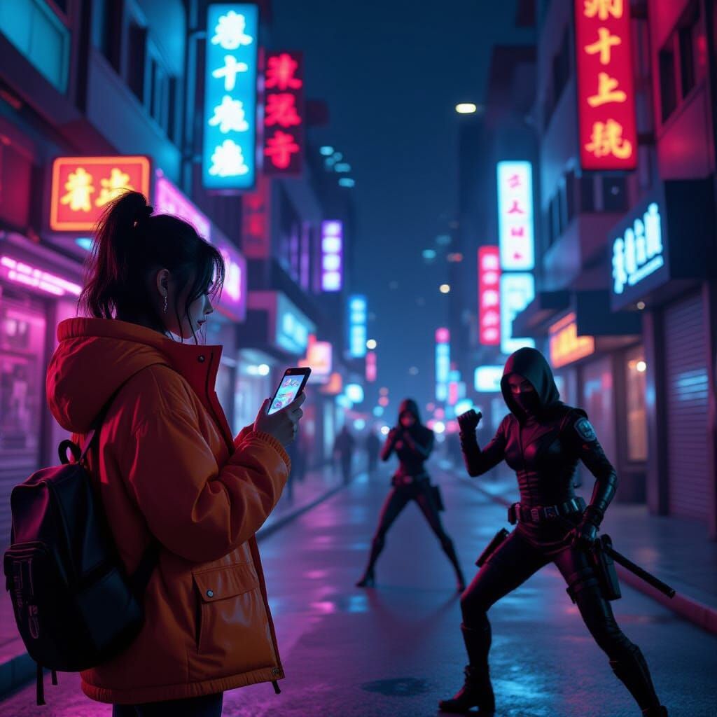 Neon City Encounter: Action in a Noir Cyberpunk Style
