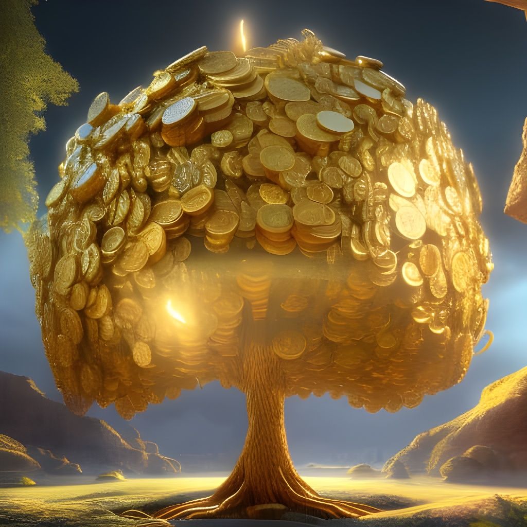 Epic Gold Coin Tree in Detailed Fantasy Art