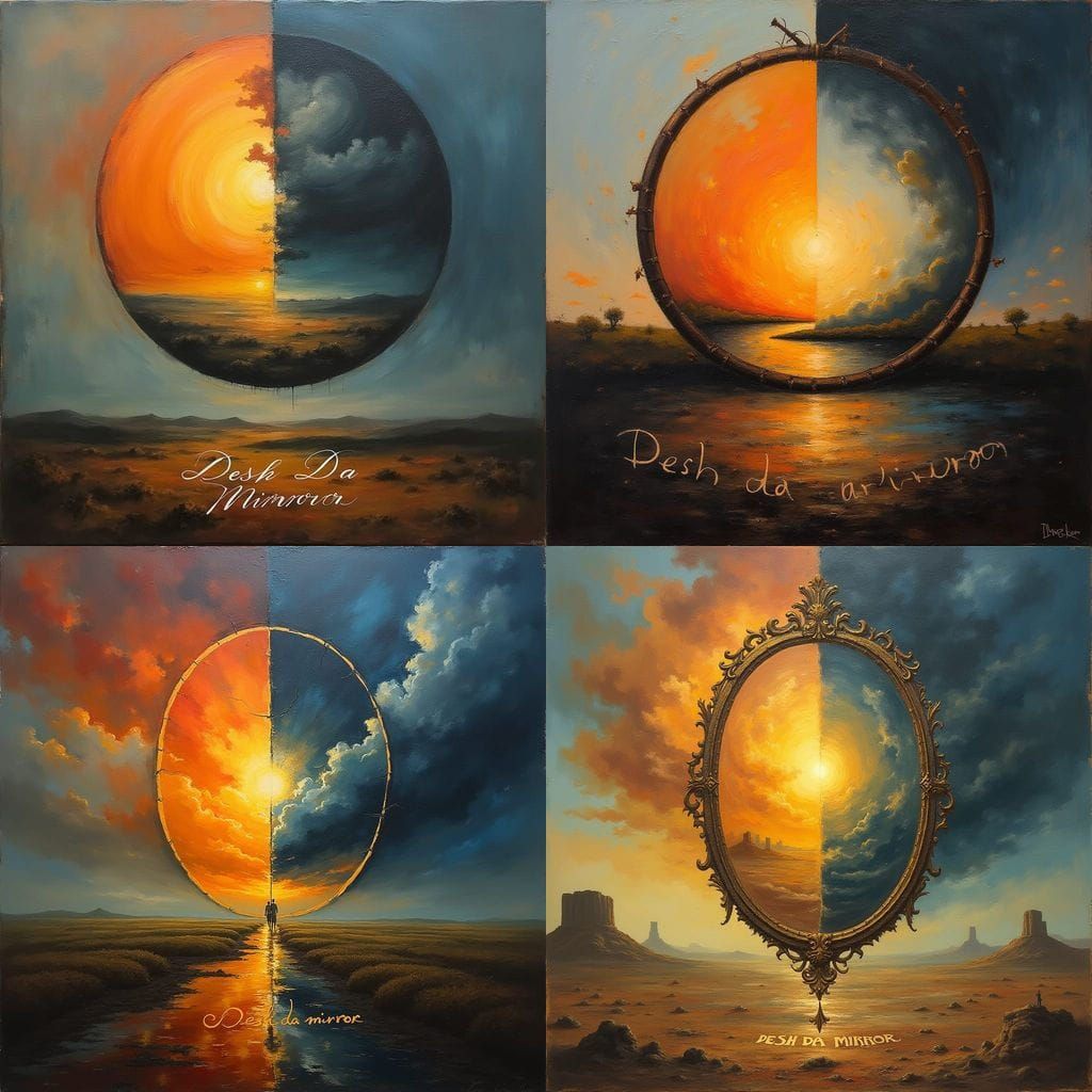 Abstract Indian Landscape Mirror Painting with Sunrise and S...