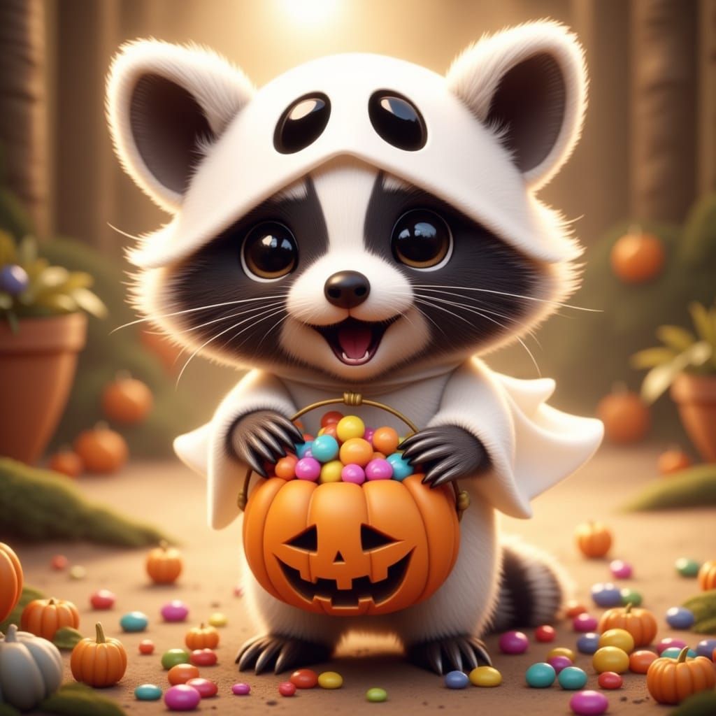Cute Baby Raccoon in Ghost Costume with Pumpkin