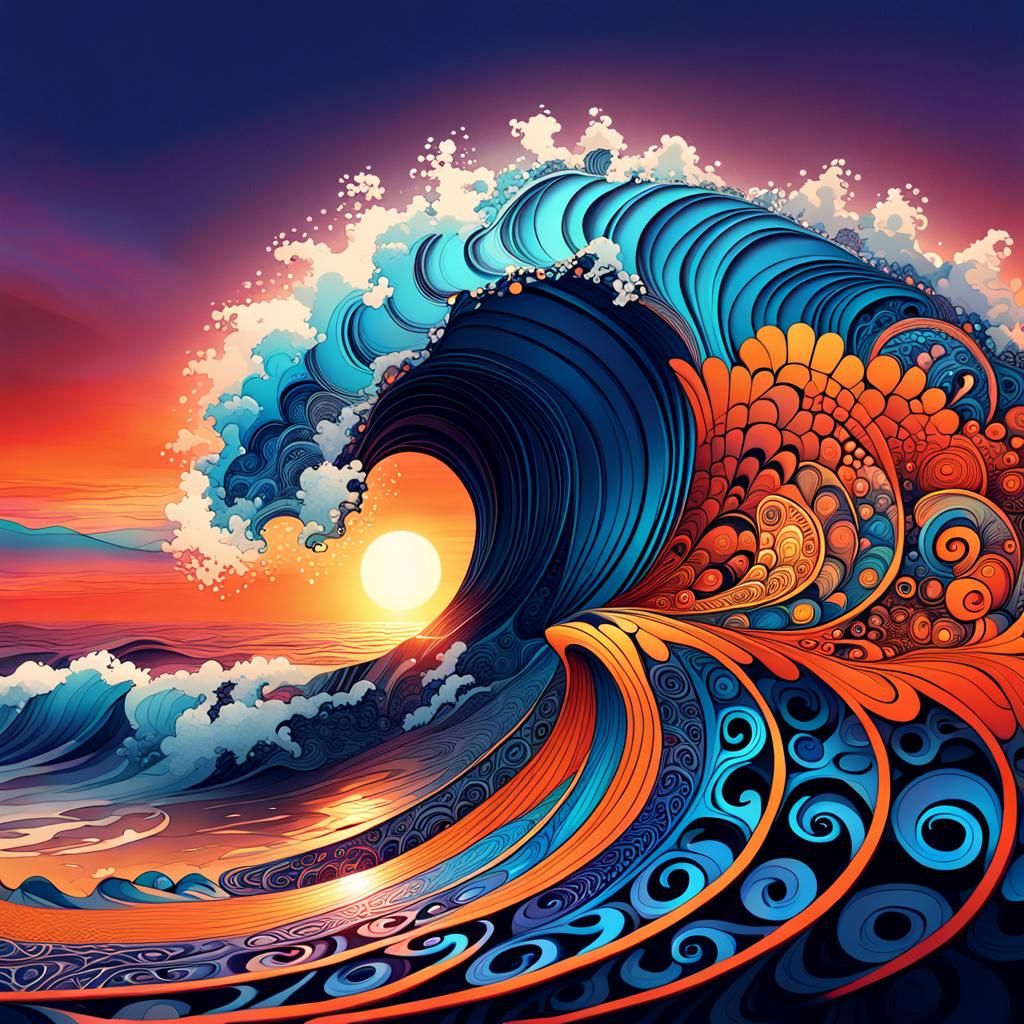 Fractal Waves Amidst a Vibrant Sunset in Hyper-Realistic Dig...