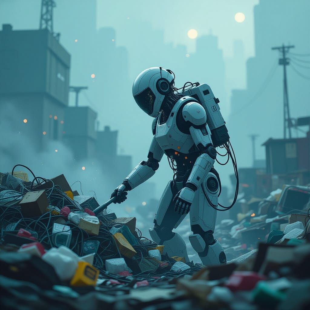 Futuristic Robot Cleans Garbage in Dystopian Landscape
