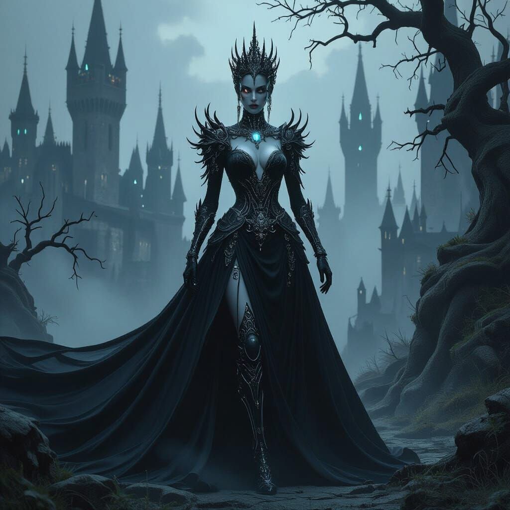 Gothic Queen in Cyberpunk Biomechanical Kingdom