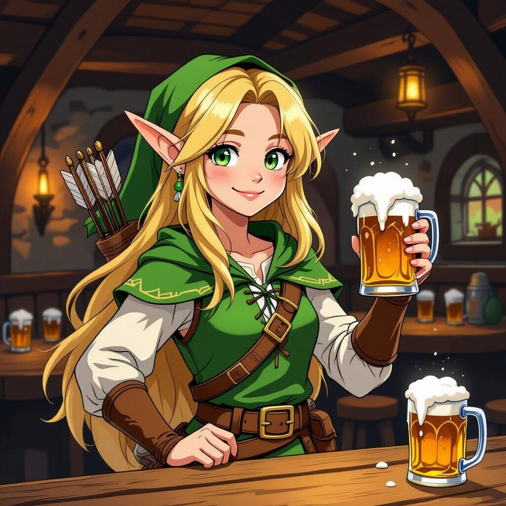 Teenage Elf Archer Enjoys Beer in Rustic Tavern