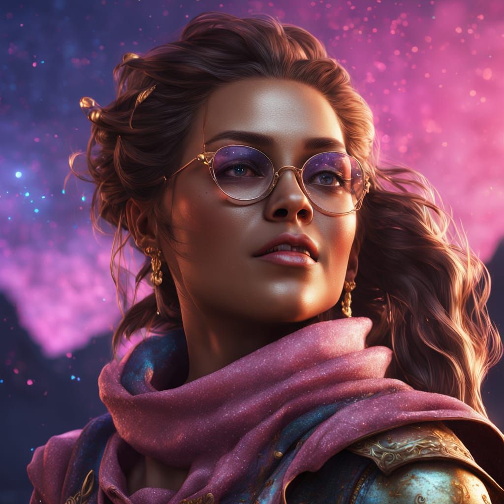 Winking Woman in Pink with Shining Stars: Oil Painting