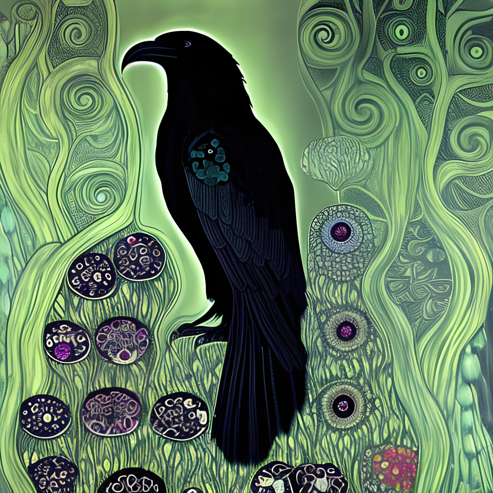 Majestic Raven with Fantasy Floral Ornamentation