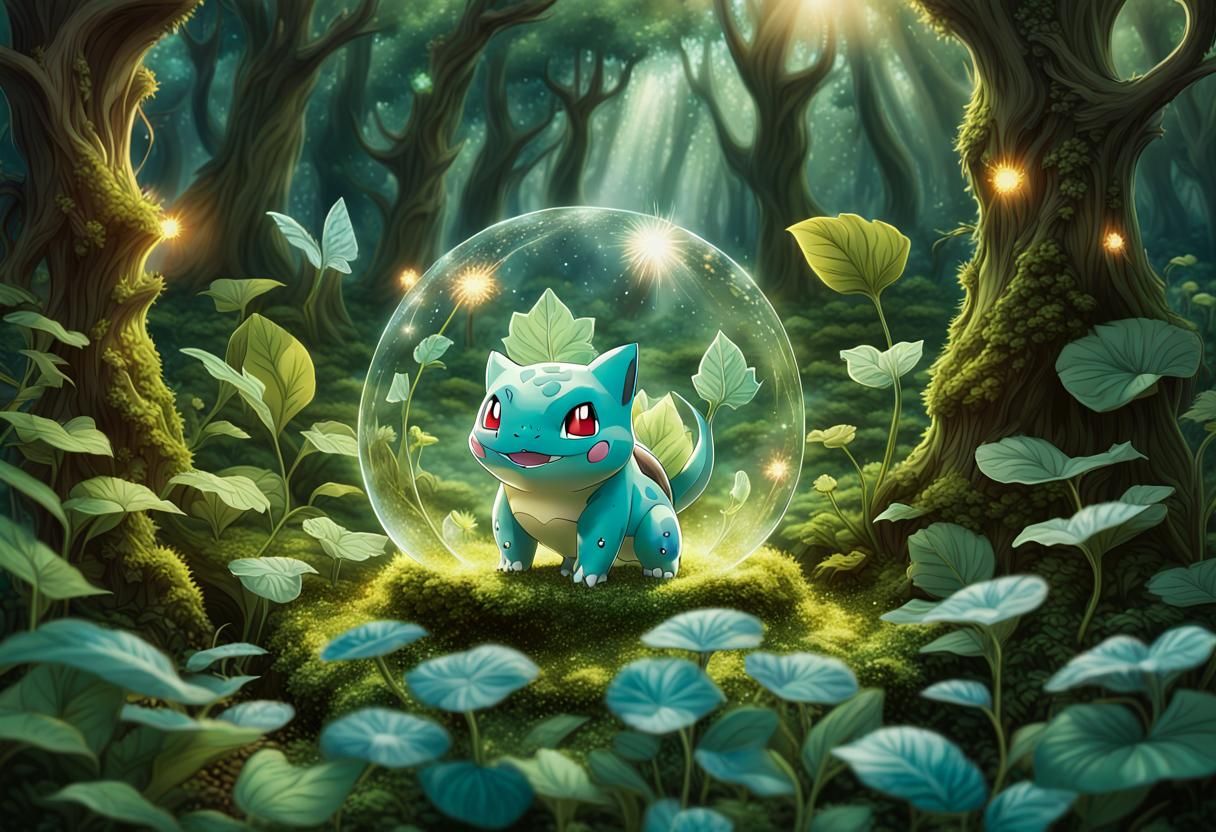 Bulbasaur in a Magical Bioluminescent Forest