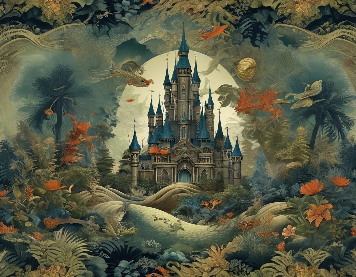 Merman's Seaside View: Hokusai and Leonora Carrington Style