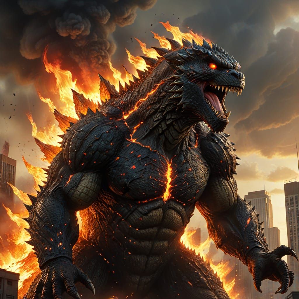 Godzilla Battles Monster in Fiery Cityscape