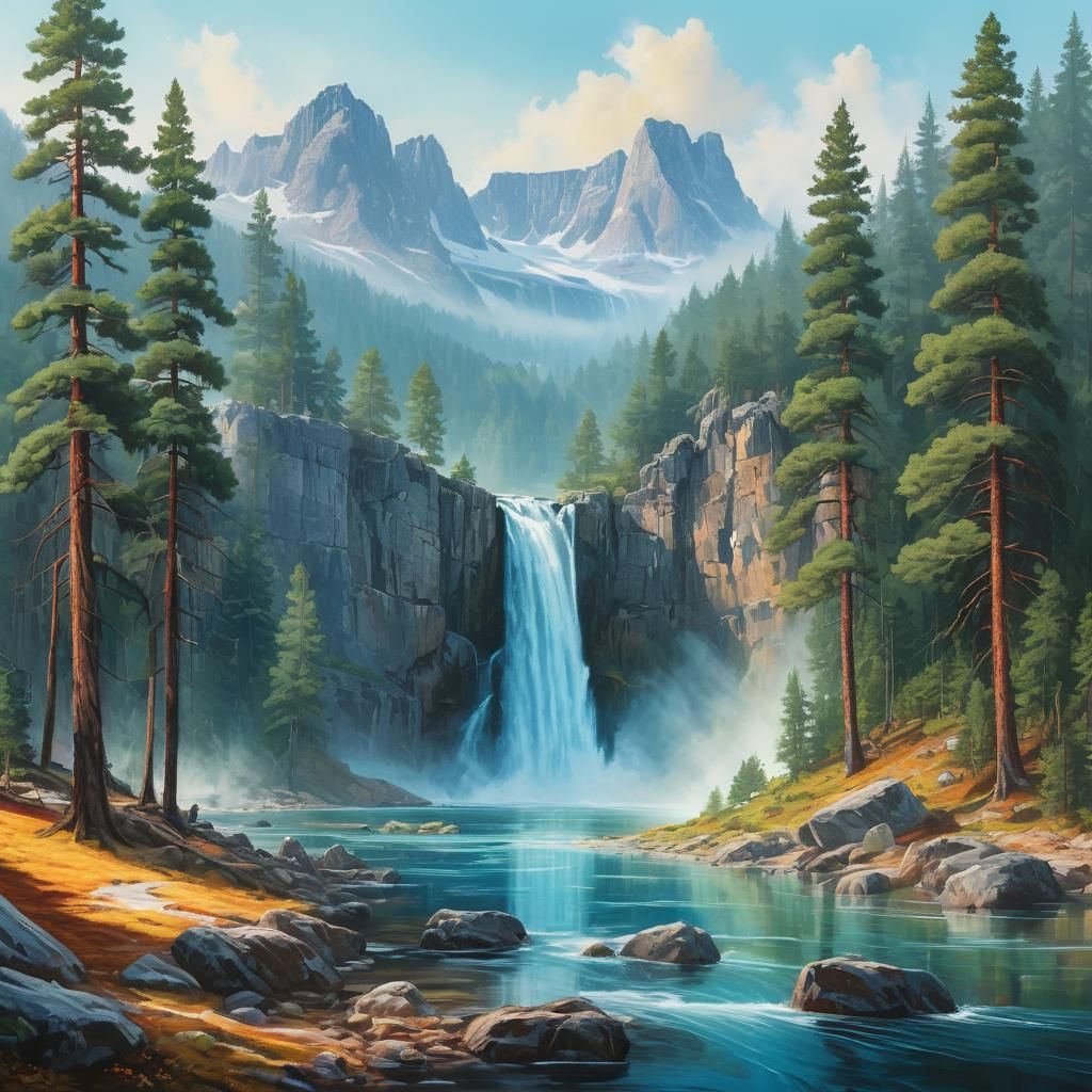 Majestic Waterfall in Surreal Panoramic Landscape