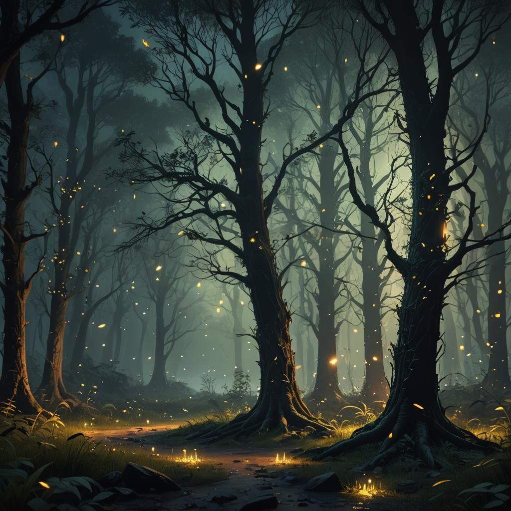 A dark forest at night lit by fireflies