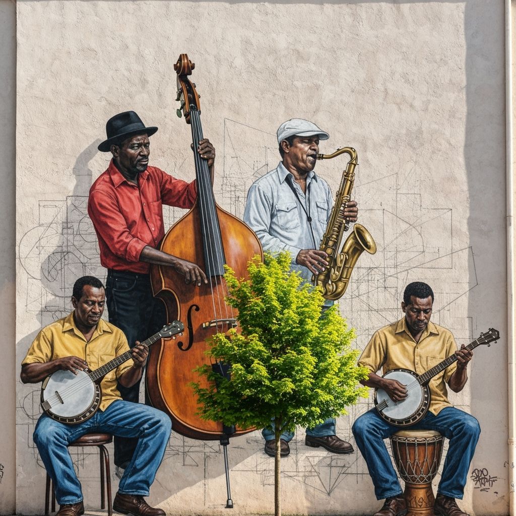 Vibrant Street Art Mural: Musicians in Urban Setting